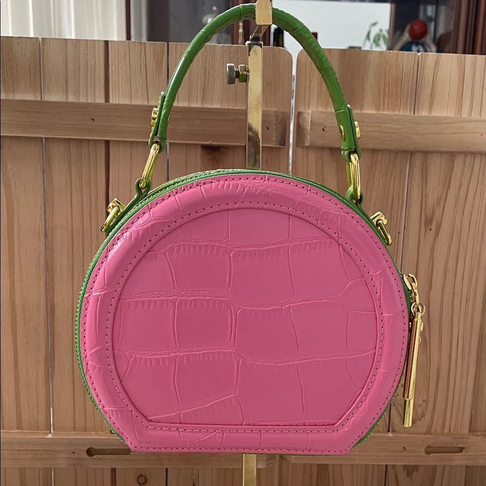 Bryla J Couture pink and green croc-embossed crossbody bag with gold hardware
